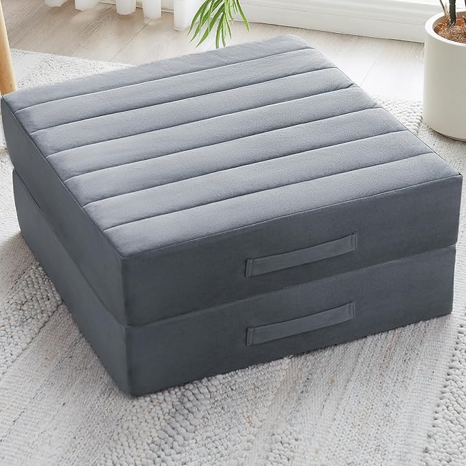 JKMAX 2 Pcs High Density Foam Floor Pillow - Upgraded Large Pillows Seating for Adults - Outdoor Floor Cushion with Soft Tufted Cover - Yoga Pillows for Sitting On Floor - 22 Inch Grey