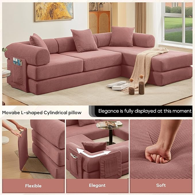 L Shaped Convertible Modular Boneless Sofa Bed with Cylindrical Pillow, Corduroy Folding Floor Sofa Couch Bed with Fixed-Shape Frame & Storage Pocket for Living Room, Pink