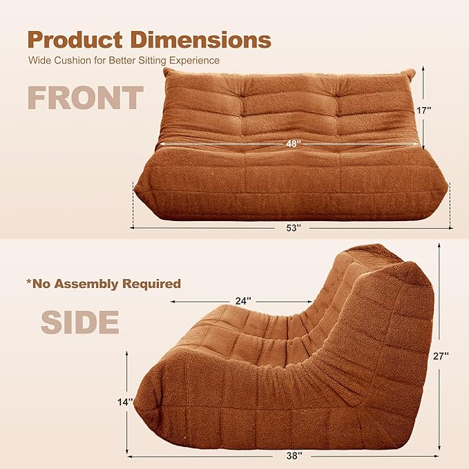 Bean Bag Loveseat Chair Big Sofa Beanbag Chair for Adults Fireside Chair Bean Bag Lounger with Memory Foam Filled for Home,Apartment or Gaming Venue（Brown Teddy）