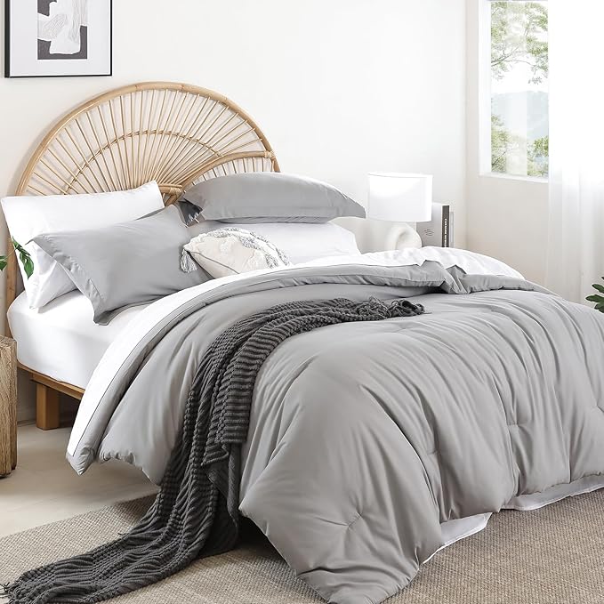 weigelia King Size Comforter Set 7 Pieces Grey Bed Comforter Set Bed in a Bag Solid Color Soft Microfiber King Bedding Set with Sheets Pillow Shams and Pillowcases