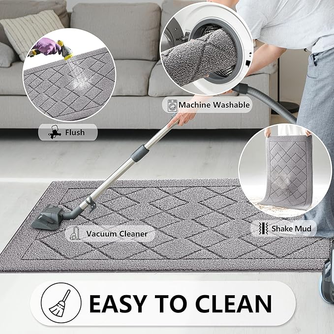 REFETONE Indoor Doormat, Front Back Door Mat 20"x32" Rubber Backing Non Slip Mats, Absorbent Washable Entrance Doormat for Entryway, Resist Dirt Low-Profile Inside Floor Mat for Muddy Shoes Light Grey