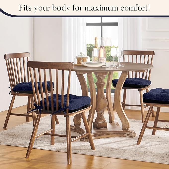 Basic Beyond Chair Cushions for Dining Chairs 4 Pack, Chair Cushion with Ties and Non Slip Backing, 15.5 x 15.5 inches Tufted Kitchen Chair Pads for Dining Chairs(Navy)