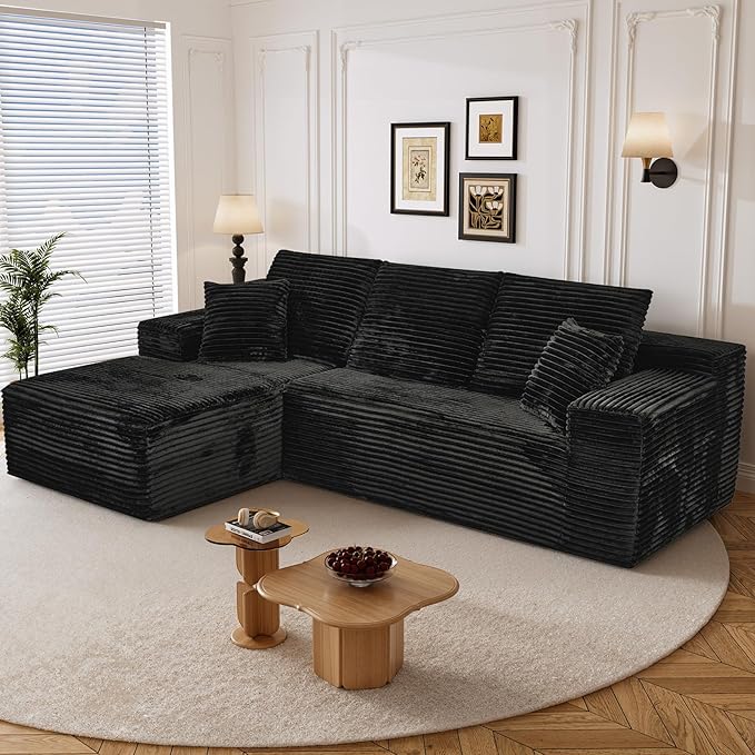 108" Boneless Cloud Sectional Couches for Living Room, Comfy Fluffy L Shaped Memory Foam Deep Seat Boneless Couch, Modular Sectional Sofa with Left Facing Chaise, Black