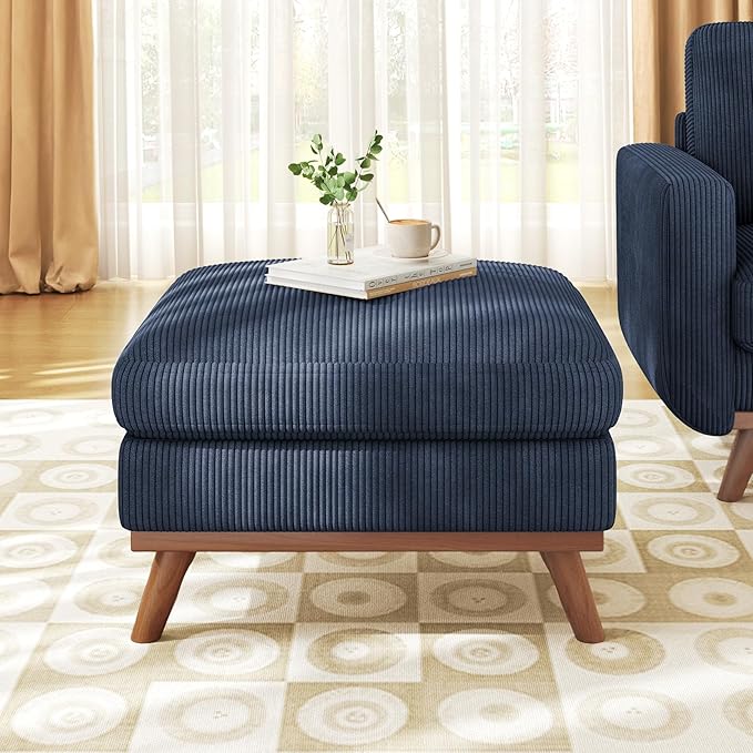 Vesgantti Large Ottoman for Modular Sofa, 29.5" Corduroy Ottoman with Spring Cushion, Rectangle Foot Rest for Couch, Entrance Footstool with Wood Legs, Footstool for Living Room, Bedroom, Dark Blue
