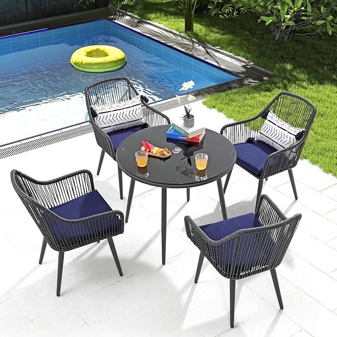 Patiorama Outdoor Dining Chairs, Patio Dining Chair Set of 4, All-Weather Woven Rope Rattan Chairs, Outdoor Dining Wicker Chair with Armrests for Indoor Balcony Pool Backyard(Blue)