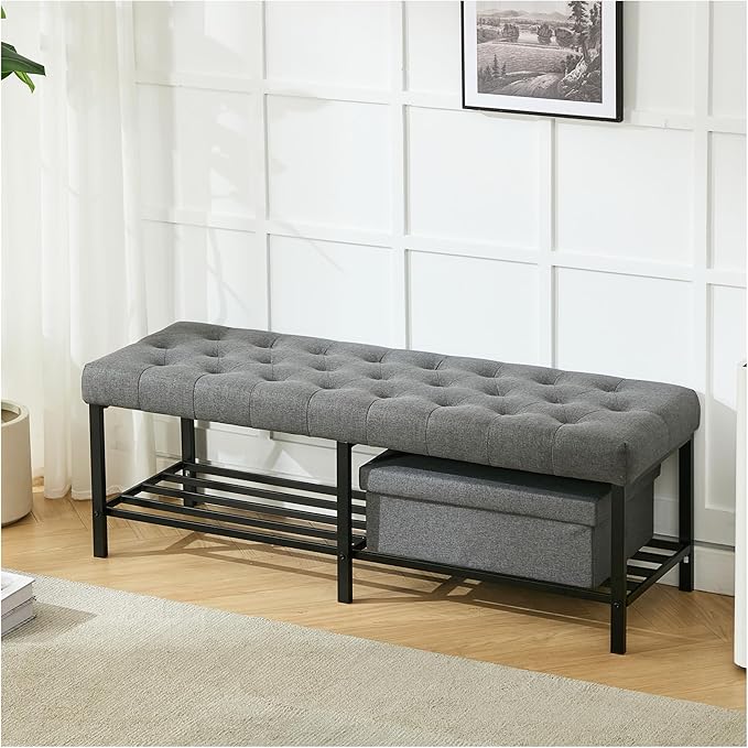 SOFTHION 55.5" End of Bed Bench, Modern Linen Button Tufted Bedroom Bench, Upholstered Storage Shoe Bench with Metal Base, Dinning Table Bench for Living Room, Bedroom, Entryway,Grey