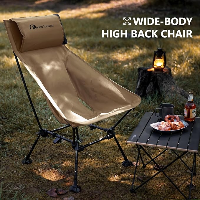 MOON LENCE Oversized High Back Camping Chair for Adults, Height Adjustable Folding Camping Chair with 400 lbs Capacity, Hidden Pillow Pocket and Wide Seat for Camping, Hiking, Picnics, Khaki