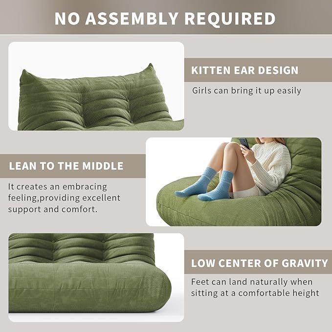 Bean Bag Chair for Adults,Armless Fireside Chair Comfy Corduroy Lazy Floor Sofa,Lounge Chair Lazy Sofa Couch Memory Foam Bean Bag for Living Room, Apartment Office,(Olive Green) 4 Seater
