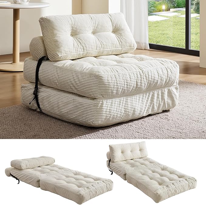 Convertible Sofa & Couch Bed - Oversized Adult Sleeper Chair & Bean Bag Chair, Foldable Floor Bed with Backrest, Comfortable Lazy Sofa for Bedroom, Living Room & Dorm (White, Single)