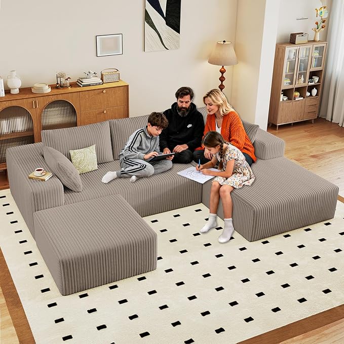 96" W Cloud Sectional Couch with Ottoman,Modern U-Shaped Cloud Couch with Deep Seat,Comfy Corduroy 3-Seater Sofa,Memory Foam Sofa for Living Room,No Assembly (Camel,Right-Facing Chaise)