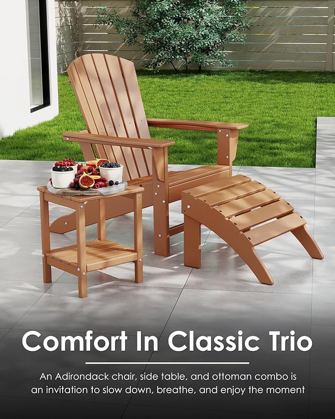 GREENVINES Adirondack Chair | HDPE Plastic | Oversized Fire Pit Chairs | All Weather | Teak | Poly Lumber | for Outdoor Deck Backyard Patio Garden