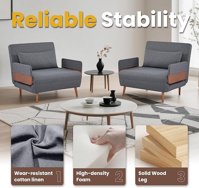 CITTANEO 2 Sets 34" Convertible Sleeper Chairs, 3-in-1 Chair Bed Sleeper for Adults with Adjustable Backrest, Pillows & Wooden Arms, 2 Piece Sofa Bed Sets for Living Room, Apartment, Office, Gray