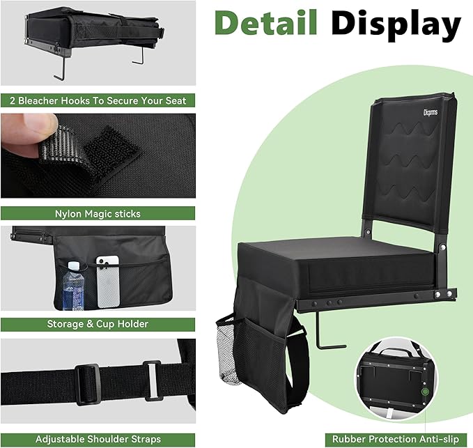Stadium Seats for Bleachers with Back Support, Bleacher Chairs with Back and Cushion Bleacher Seats Portable Stadium Seats Thick Padded Folding Chair Comfort for Sports Events Black