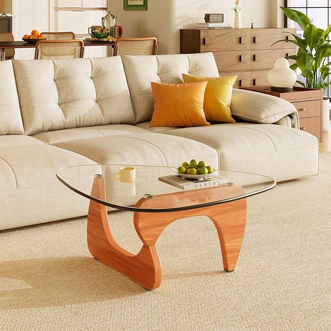 LUCKIIA Coffee Tables Glass Small Farmhouse Coffee Table Mid-Century Modern Wood Center Table for Living Room, Walnut Transparent, 36 Inch