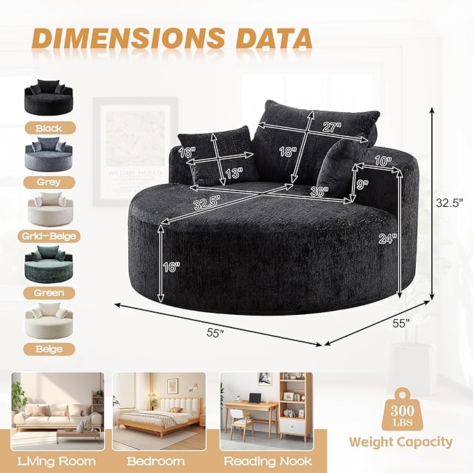55"W Oversized Round Chair Lounge Chaise Indoor, Upholstered Comfy Circle Sofa Armchair, Modern Cozy Boneless Foam Floor Reading Chair for Living Room, Bedroom, No Assembly Required(Chenille, Black)