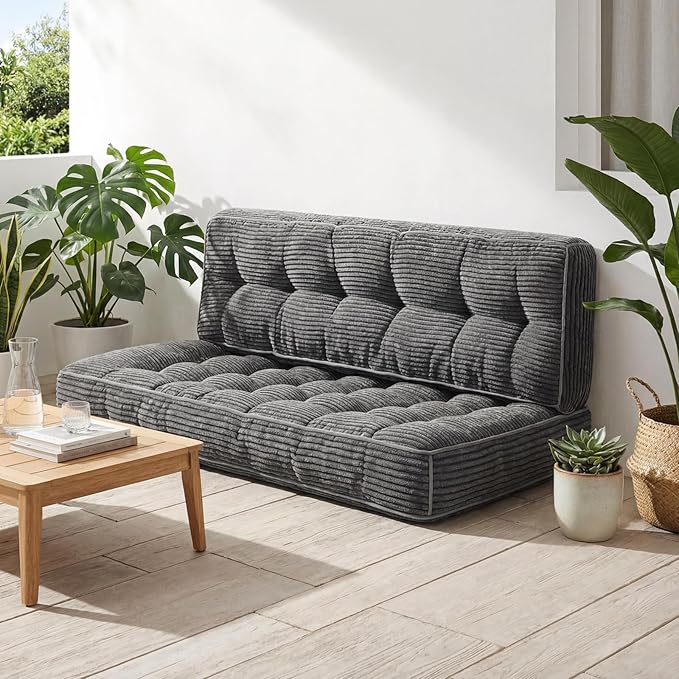 Vercraft 63 Inch Folding Bench Cushion, 4 Inch Thick 2-in-1 Convertible Long Floor Lounger Boneless Cushions Couch Mattress Upholstered for Yoga, Reading, Sleeping, Meditation Living Room(Dark Grey)