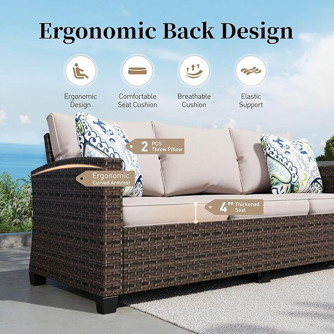 Swivel Glider Patio Furniture Set Outdoor Furniture Brown Wicker Rattan Patio Conversation Sets with Cushion Outside Sofa Set,5 Pieces with Rectangular Firepit Table,7 Seats,Beige