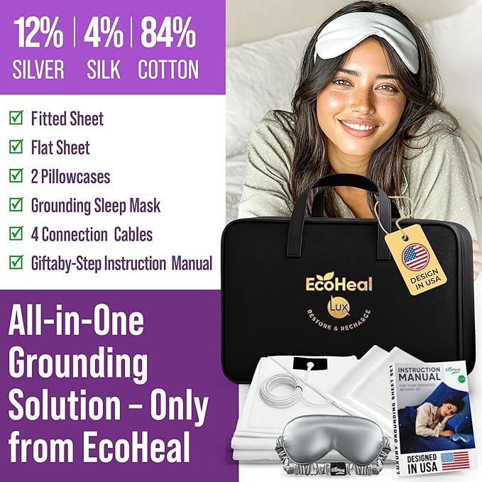 ECOHEAL Grounding Sheet Set - King Size, White Fitted & Flat Sheets with Pillowcases - 12% Silver Fiber, 4% Silk, 84% Cotton - SGS Quality Certified Conductive Bed Grounding Kit for Better Sleep