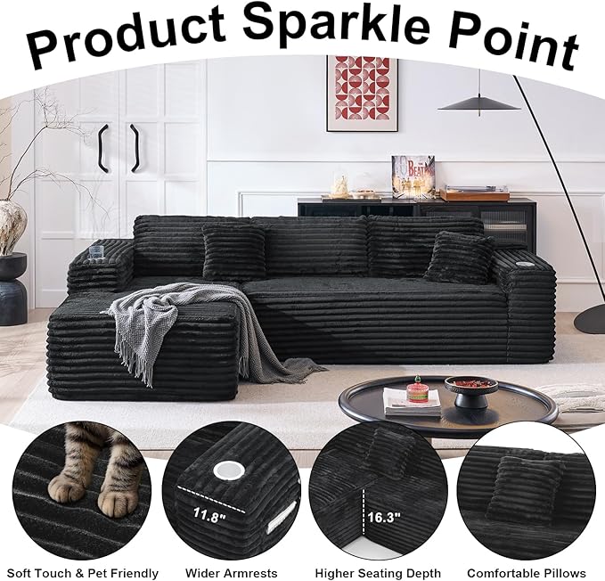 Cloud Sectional Couch with L-Shape Chaise, Modern Modular Sofa with Deep Seat, Built-in Cup Holder & Storage Pocket for Living Room Bedroom, No Assembly Required (Black Grey, Right Sitting Chaise)