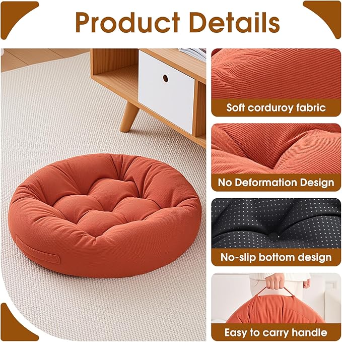 Floor Pillows for Adults, Meditation Cushions, Large Round Sitting Cushion Living Room Memory Foam Pillow for Sitting (1, Orange, 22x22x6 Inch)