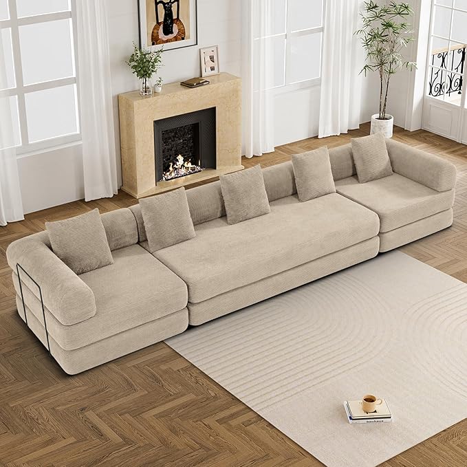 DAMAIFROM 157" Convertible Sleeper Sofa Bed Set with Pillow, 4-in-1 Corduroy Folding Mattress Boneless Couch with Fixed-Shape Frame, Fold Out Floor Sofa Cama Lounge Couch for Living Room, Light Brown