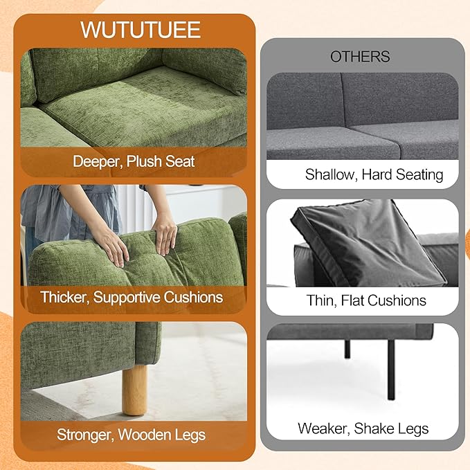 WUTUTUEE 65" Chenille Loveseat Sofa, Modern 2-Seater Love Seat Couch with Armrest Pillows, Storage Pockets, Easy Assembly, Upholstered Tufted Loveseat Couches for Living Room Bedroom, Green