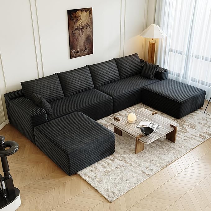 139.4" Modular Sectional Sofa, U-Shaped Minimalist Couches with 2 Ottomans Chaise, Modern Deep Seat Convertible Sleeper Sofa Bed,Cloud Plush Corduroy Fabric, No Assembly Required, 6 Seater, Black