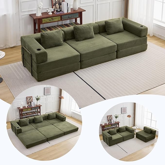 118" Oversized Convertible Floor Sofa Bed, Boneless Foldable Mattress Cloud Couch with Pillow Back & Armrest, Fold Out Floor Couch with Cup Holder for Living Room Bedroom Lounge, Corduroy, Olive