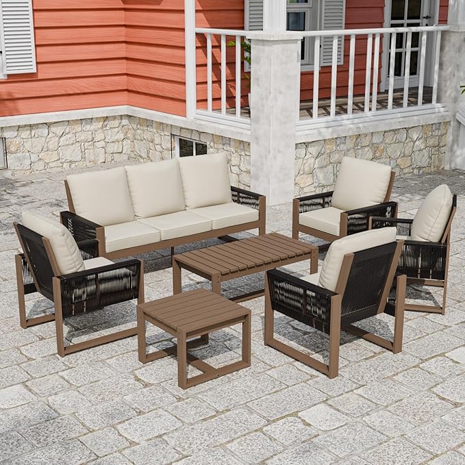 INTER HUT Rustic Hideaway Natural Cedar Wood Outdoor Furniture Set, Wicker Patio Conversation Set for Porch Garden Backyard, Couch, 4 Patio Chairs, Tables, 7 Piece, Brownish/Beige