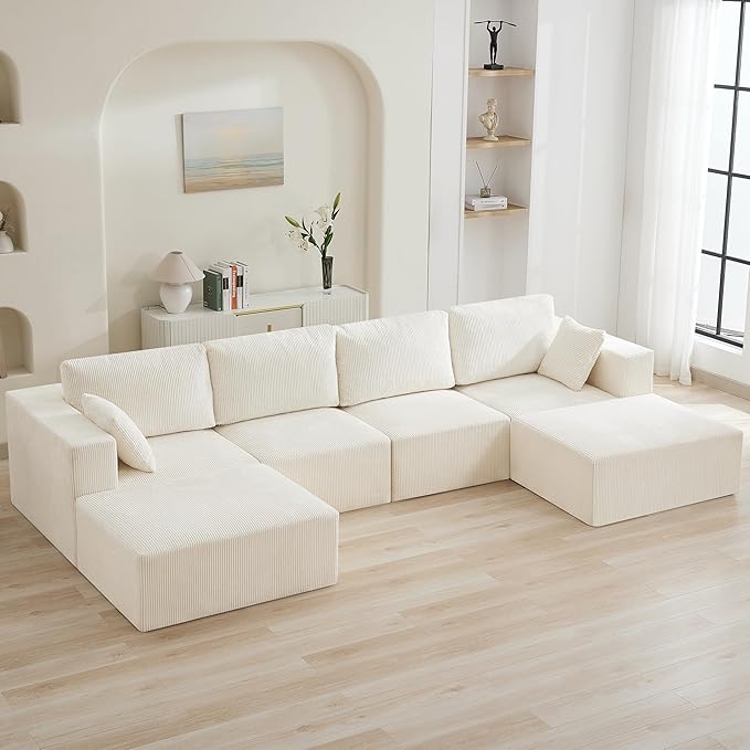 146'' Oversized Boneless Sofa, 4 Seater Modular Sectional Couch with 2 Moveable Ottoman, U Shaped Corduroy Convertible Sleeper Sofa with Chaise for Living Room, Beige