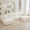 146'' Oversized Boneless Sofa, 4 Seater Modular Sectional Couch with 2 Moveable Ottoman, U Shaped Corduroy Convertible Sleeper Sofa with Chaise for Living Room, Beige