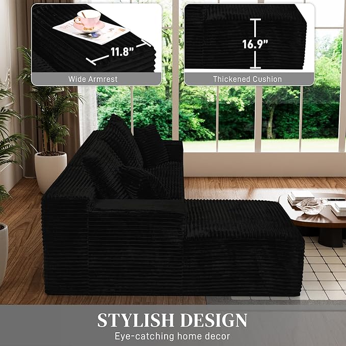Modular Sectional Sofa Cloud Sectional Couch, 107" Comfy Fluffy L Shaped Jet Black Couches for Living Room, Memory Foam Deep Seat Corduroy Boneless Couch Sectionals Left Facing Chaise Sofas
