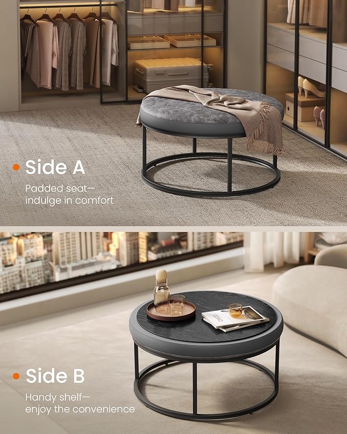 SONGMICS HOME LUIZ Collection - Ottoman, Round Coffee Table, Footstool, Reversible Top, Padded Seat, Side Table, Minimalist, Steel Frame, Max. Load 660 lb, for Living Room, Dove Gray ULOM078G01