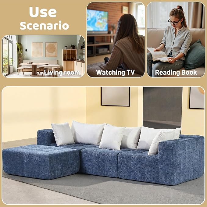 Modular Sectional Sofa,Oversized Cloud Sectional Couch with Deep Seat Modern Boneless L-Shape Lounge Sofa No Assembly Required with Pillows for Living Room Bedroom(Blue)