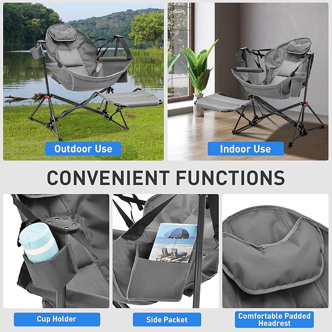 GDY Patio Camping Chairs, Oversized Hammock, Folding Rocking Chairs, Adjustable Back Swing Chairs, Cup Holder, Outdoor Beach Lawn, Gray