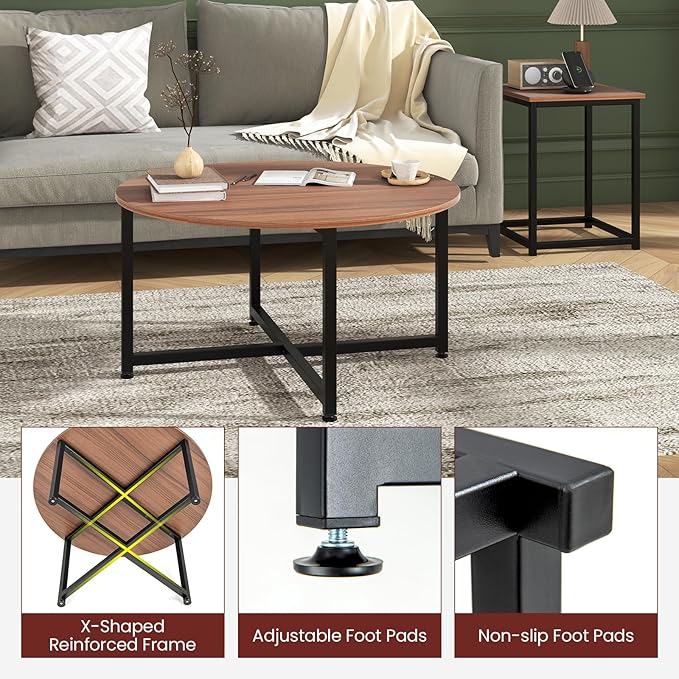 Giantex Round Nesting Table Set of 3, Farmhouse Coffee Table w/2 End Tables, Sturdy Metal Frame, 3-Piece Wooden Living Room Table Set for Home Office, Apartment (Walnut & Black)