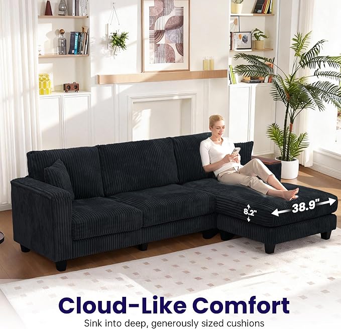 FurniMix 4-Seat Corduroy Sectional Sofa with Swappable Chaise, Soft Upholstery, Wide Seats & Armrest Storage,Black