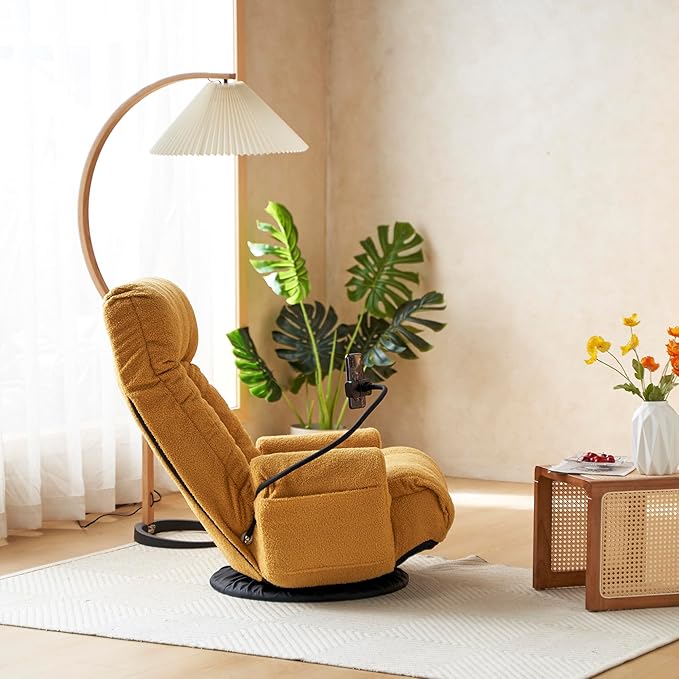 Lounge Sofa Chair with Side Pocket Armrests & Phone Holder. Gaming Chair for TV, Reading,Video,Games.Indoor Floor Chaise in Livingroom, Bedroom.Adjustable Foldable Backres&360° Swivel (Yellow)