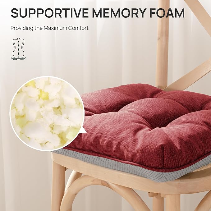 Love's cabin Memory Foam Chair Cushions Set of 4, Outdoor/Indoor Chair Pads for Dining Chairs 4 Pack, Seat Cushions for Kitchen, Dining Room, Office, Patio Chairs, 15.5"x15.5"x3.5" Burgundy