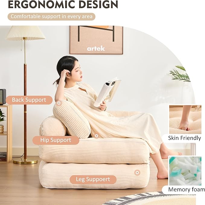 Plus Futon Sofa Bed for Small Spaces, Floor Couch with Armrest, Folding Sofa Couch, Convertible Sleeper Chair Bed with Pillow, Portable Comfy Floor Lounge for Living Room and Bedroom,White