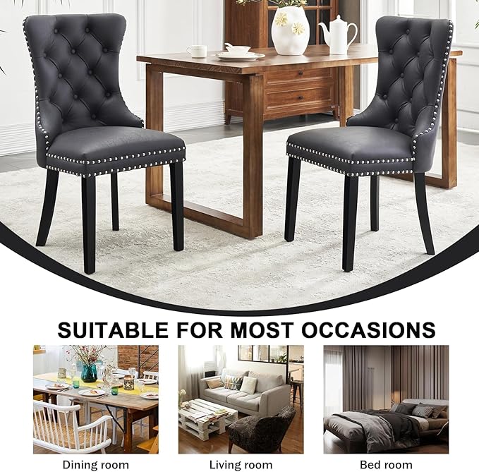 Kiztir Leather Dining Chairs Set of 2, Upholstered Dining Chair with Nailhead Trim and Solid Wood Legs, Luxury Wingback Dining Side Chair for Living Room, Bedroom, Kitchen (Black)