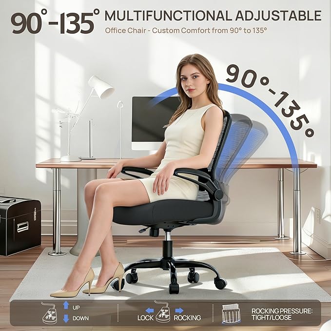 Mimoglad Ergonomic Office Chair - BIFMA Certified, Flip-up Armrests & 135° Recline, Adjustable Lumbar Support - Space-Saving Task Chair for Business/Team Office & Home (Black, 350lbs)
