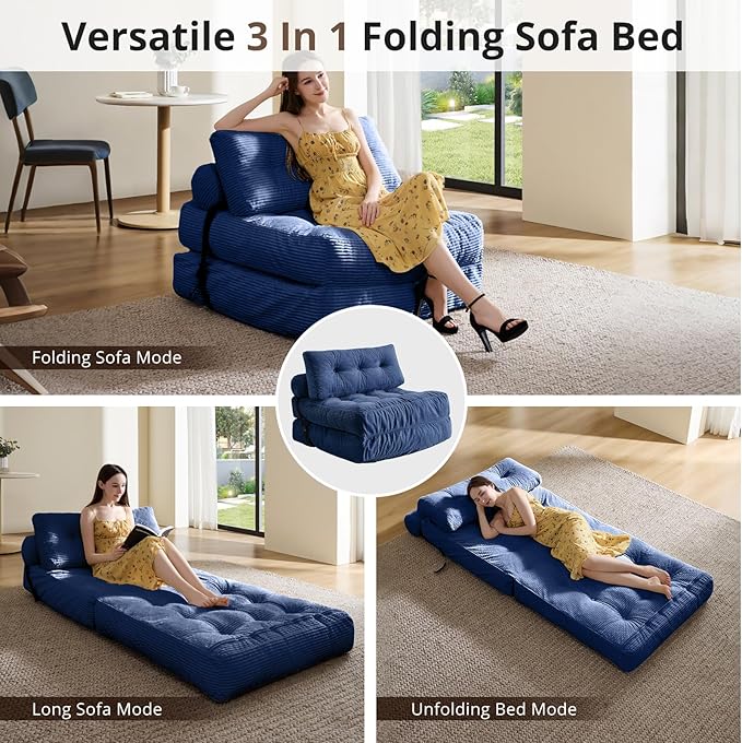 Convertible Sofa Bed & Couch Bed - Oversized Adult Sleeper Chair & Bean Bag Chair, Foldable Floor Bed with Backrest, Comfortable Lazy Sofa for Bedroom, Living Room & Dorm