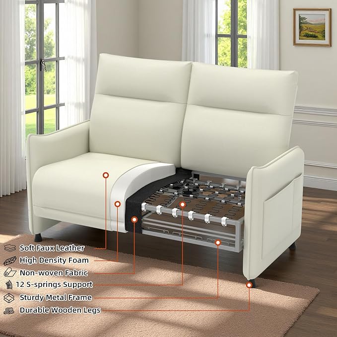 Faux Leather Loveseat, Upholstered Loveseat with Hidden Foldable Tray & Side Pocket, Front Contour Arm Design, Modern 2-Seater Sofa Couch for Compact Spaces, Beige