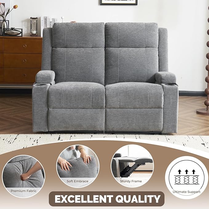PALLOME Manual Reclining Loveseat Sofa, 2-Seater Recliner Couch with Cup Holders, Fabric Reclining Sofa for Living Room/RV (Gray)