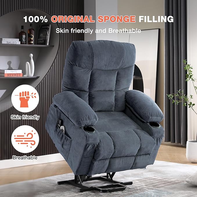 Power Lift Recliner Chair for Elderly with Vibration Massage and Lumbar Heating, Electric Lift Recliner Single Sofa with Side Pocket, Two Cup Holders and USB Charge Port for Living Room