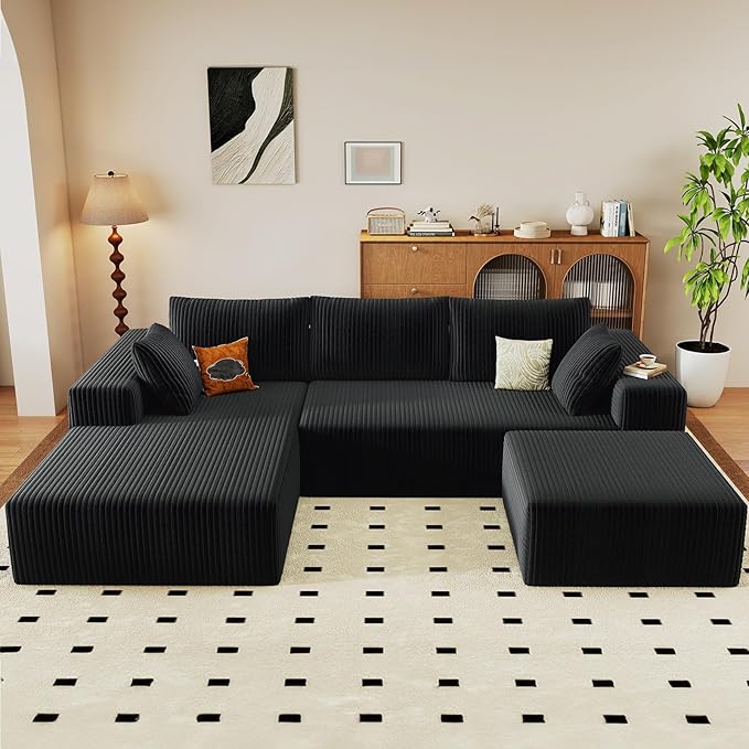 96" W Cloud Sectional Couch with Ottoman,Modern U-Shaped Cloud Couch with Deep Seat,Comfy Corduroy 3-Seater Sofa,Memory Foam Sofa for Living Room,No Assembly (Black,Left-Facing Chaise)