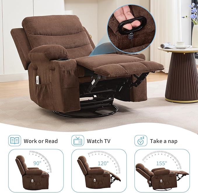 Recliner Chair Nursery, Oversized Manual Reclining Rocking Chair, 360 Swivel Glider with Cup Holder, Massage and Heat Recliner, Indoor Small Single Sofa Chairs for Adults, RV, Bedroom, Linen Brown