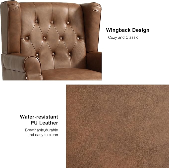 DREAMSIDEA Accent Chair, Upholstered Armchair with Button Tufted High Back & Solid Wood Legs, Comfy Wingback Reading Single Sofa Chair for Small Spaces, Living Room, Bedroom (Leather Brown, Set of 1)