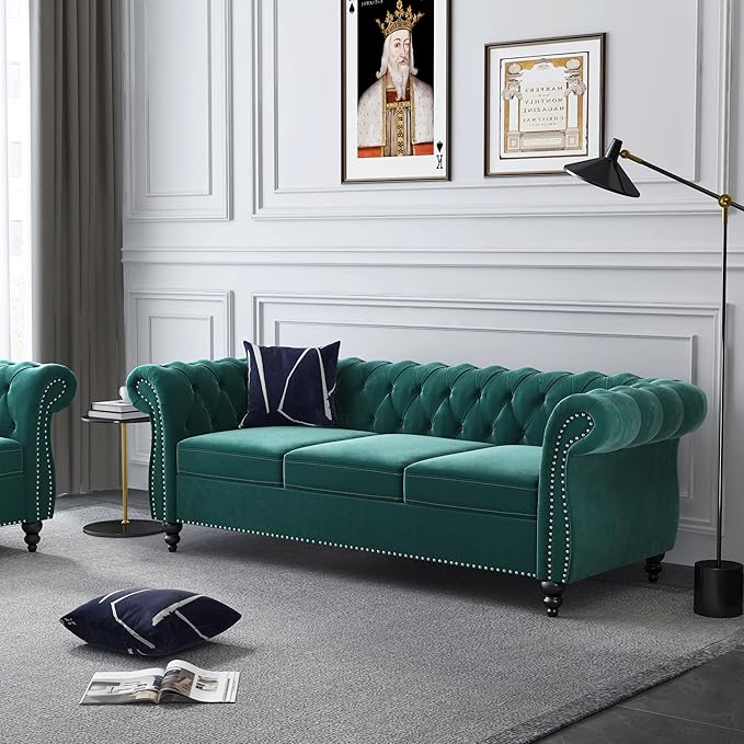 QHITTY Accent Large Sofa, Chesterfield Couch 3 Seater Modern Velvet Couch Upholstered Sofa with Tufted Back for Living Room Furniture (Green)